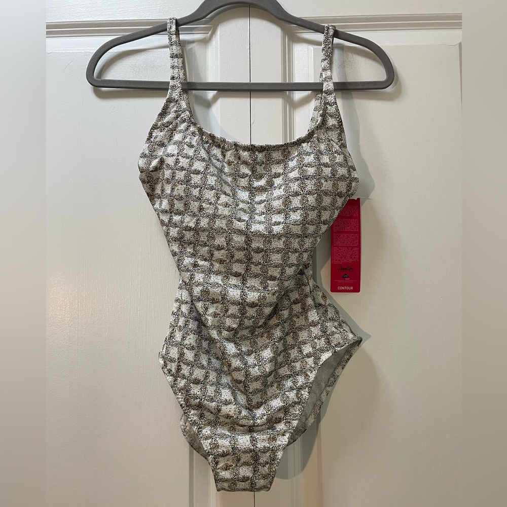 NWT Gottex Swimsuit Women’s 8, Cool Pattern Grey Ivory One-piece Bathing Suit